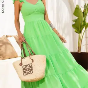 Vestido Alça 3 Camadas Verde Cora Canela
