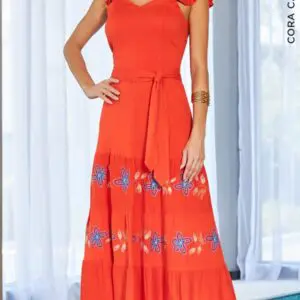 Vestido Bordado Alça Jabour Laranja Cora Canela