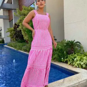 Vestido Longo Fluido em Listras Rosa Mamorena
