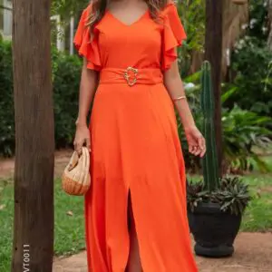 Vestido Longo Manga Godê Laranja Cora Canela