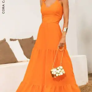 Vestido com Flores Alça Tangerina Cora Canela