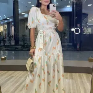 Vestido Longo Estampa Mini Folhas Magda Occhi